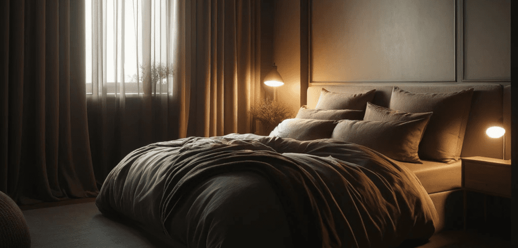 Warm artificial lighting and warm coloured bedroom walls