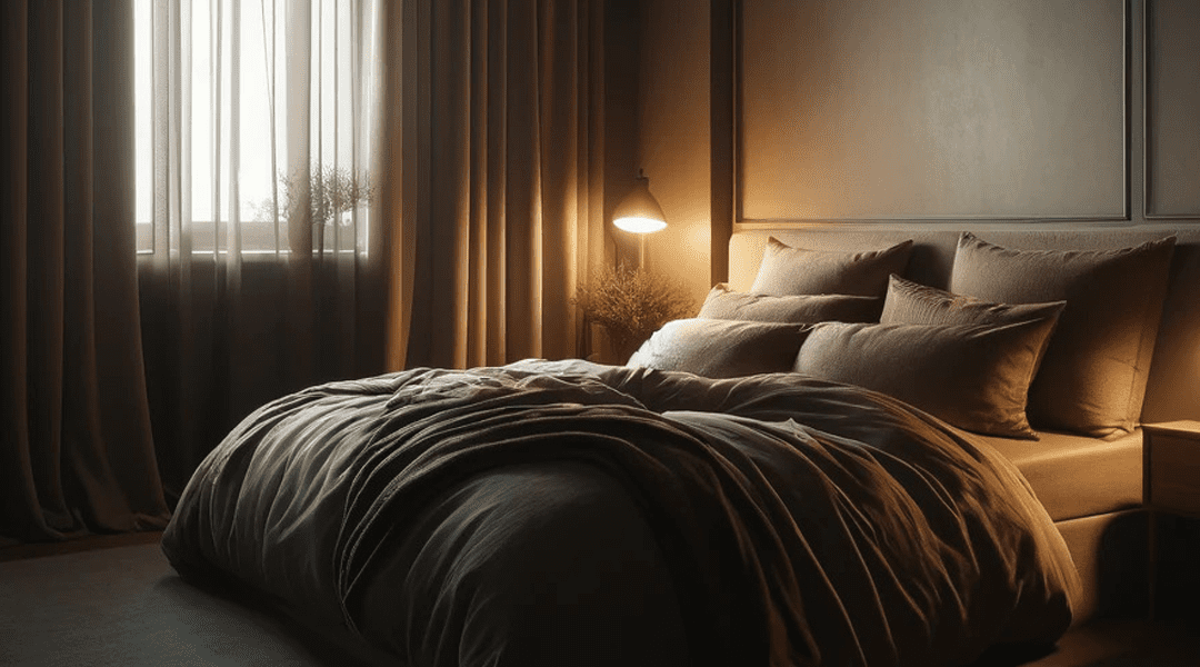 Warm artificial lighting and warm coloured bedroom walls