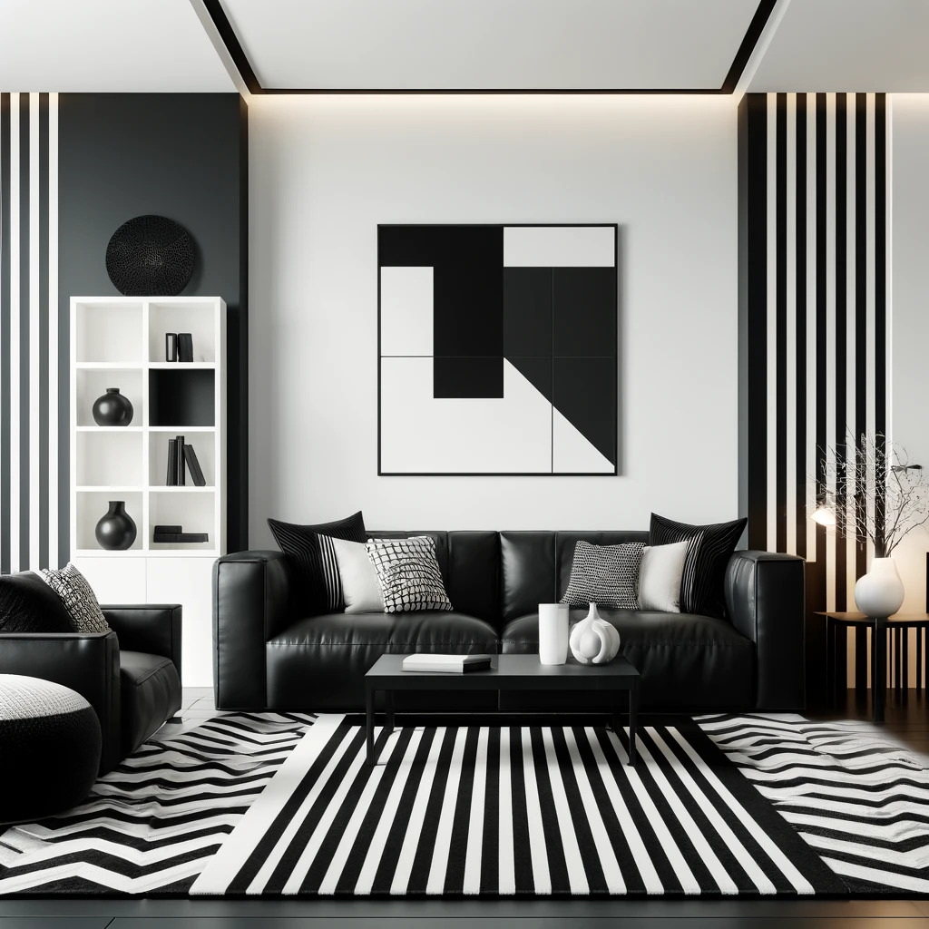 A contemporary living room designed with a high contrast theme