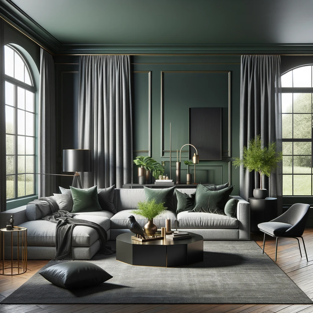 A contemporary living room with deep green painted walls