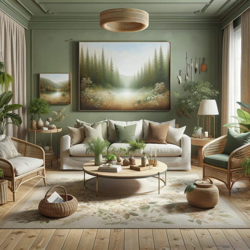 A living room painted with a nature-inspired palette