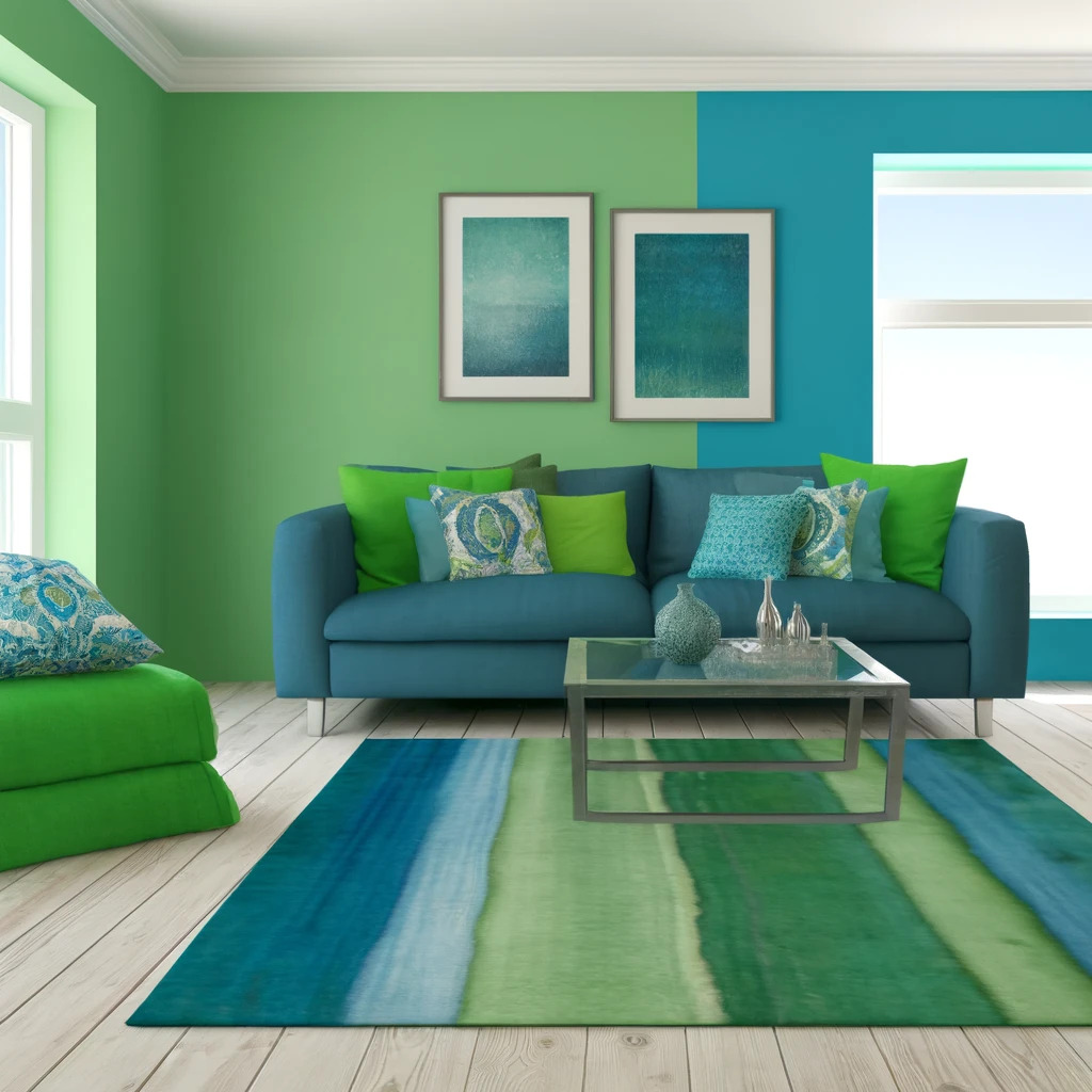 A vibrant living room designed with an analogous color theme